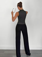Spring/Summer Women's Halter Neck Slim Fit Off-Shoulder Elegant Metal Buckle Sleeveless Top, Halter Neck Fashion Vest Top - Black Polka Dots