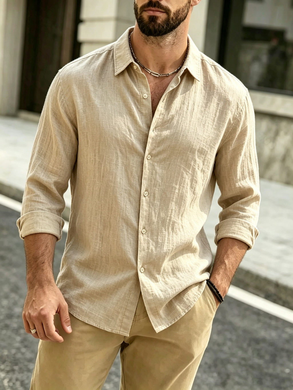 The Preferred Gift for Back to School Season Is Men's Casual Shirts. Spring and Autumn Long Sleeved Shirts Are Trendy, Loose, Solid Color, Breathable and Versatile Tops, Making Them the Perfect Holiday Gift - Khaki