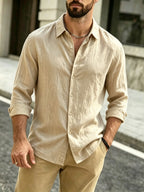 The Preferred Gift for Back to School Season Is Men's Casual Shirts. Spring and Autumn Long Sleeved Shirts Are Trendy, Loose, Solid Color, Breathable and Versatile Tops, Making Them the Perfect Holiday Gift - Khaki