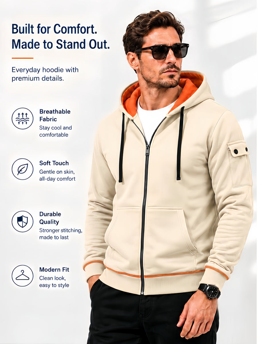 Hoodie, Men'S Fashion Color-Block Zip-Up Hoodie, Multi-Pocket Design Showcasing Individuality, Solid Casual Versatile Hoodie, Autumn/Winter Outerwear - Apricot