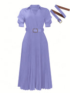 Summer Women'S Dress with Lapel V-Neck Puff Sleeves And Waist Cincher Pleated Maxi Skirt - Purple