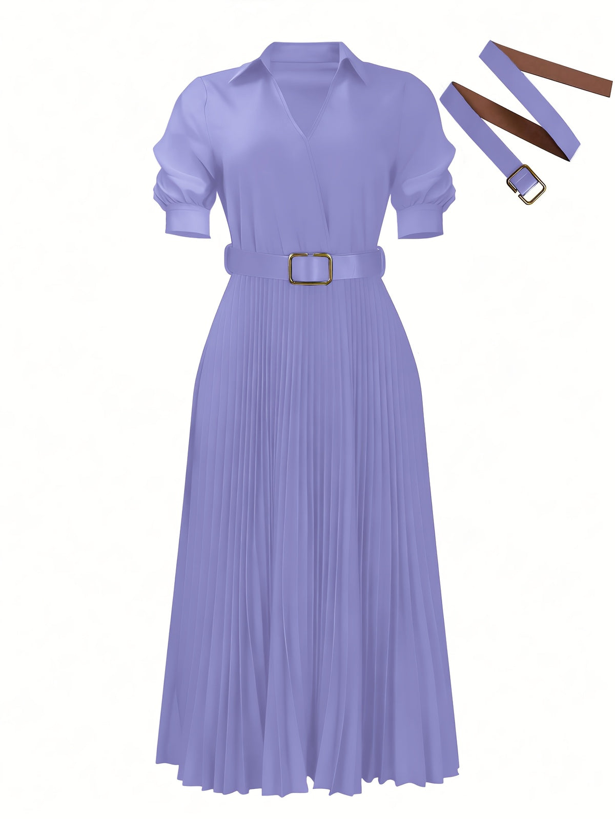 Summer Women'S Dress with Lapel V-Neck Puff Sleeves And Waist Cincher Pleated Maxi Skirt - Purple