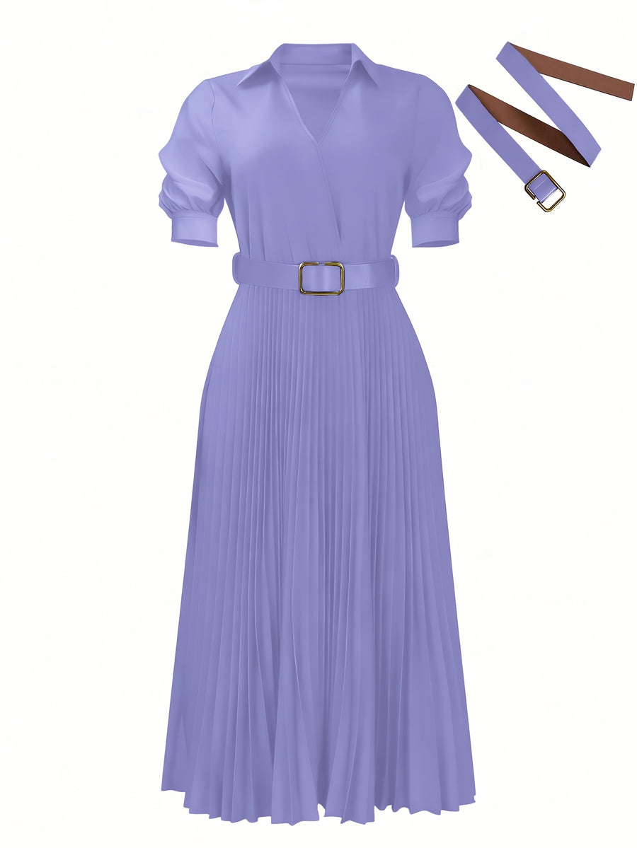 Summer Women'S Dress with Lapel V-Neck Puff Sleeves And Waist Cincher Pleated Maxi Skirt - Purple