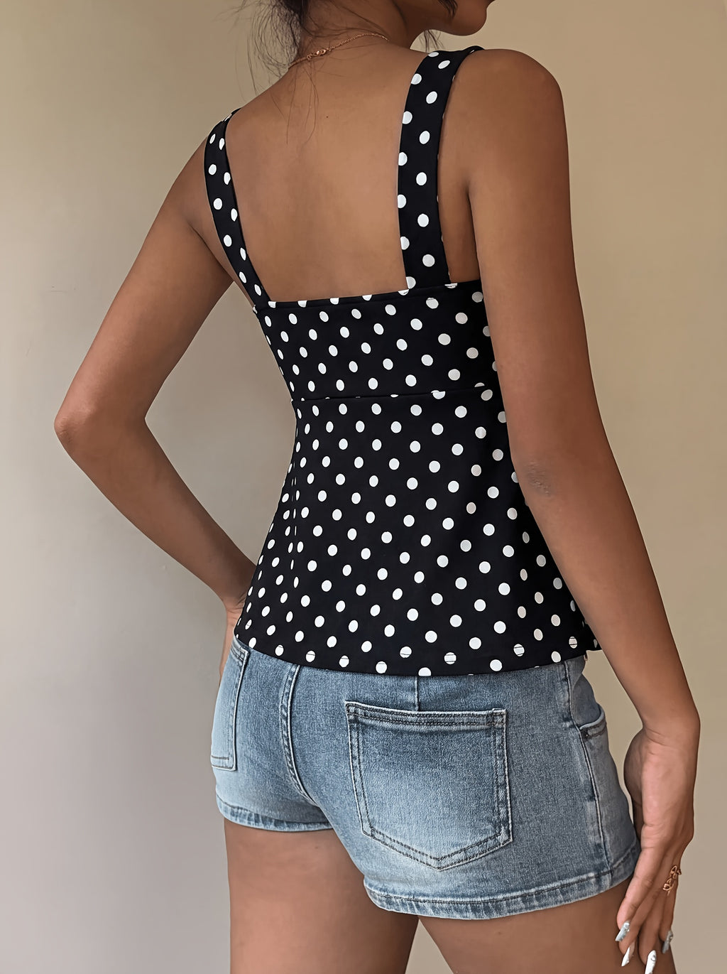 Women's Summer Drawstring Spaghetti Strap Tank Top - Black Polka Dot Print, Elegant Casual Style, Simple and Versatile, Suitable for Outdoor or Home Wear, Cute and Innocent Girly Style, Ruffled Bow Top - Black