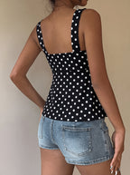 Women's Summer Drawstring Spaghetti Strap Tank Top - Black Polka Dot Print, Elegant Casual Style, Simple and Versatile, Suitable for Outdoor or Home Wear, Cute and Innocent Girly Style, Ruffled Bow Top - Black