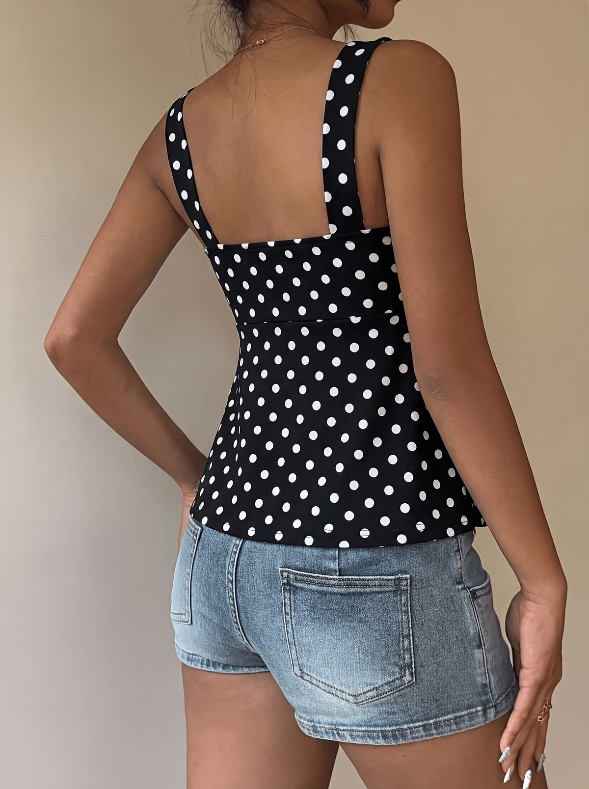 Women's Summer Drawstring Spaghetti Strap Tank Top - Black Polka Dot Print, Elegant Casual Style, Simple and Versatile, Suitable for Outdoor or Home Wear, Cute and Innocent Girly Style, Ruffled Bow Top - Black