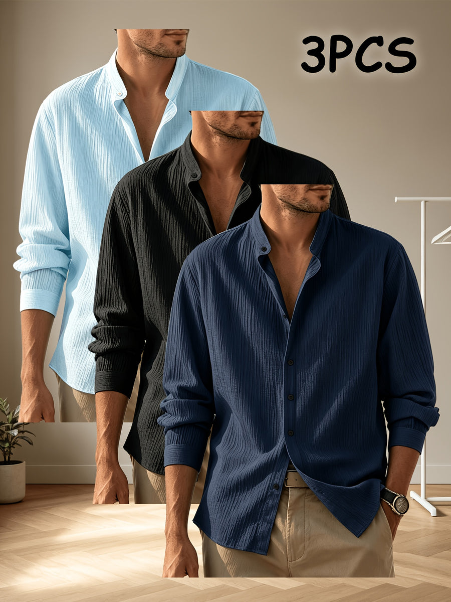 Zhiyu OBM Men's 3pcs Long Sleeve Shirt Set, Stand Collar, Draping Fabric, Multi-Color, Commuting and Casual Long Sleeve Shirt - Light Blue + Black + Navy Blue