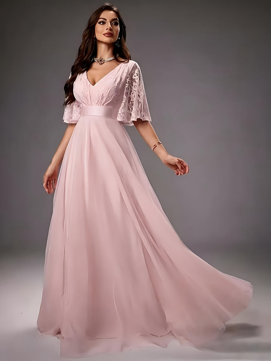 Ladies V-Neck Lace Embroidered Spliced Large Skirt White Mesh Elegant Wedding Dress Gown Dress - Pale Pinkish Gray