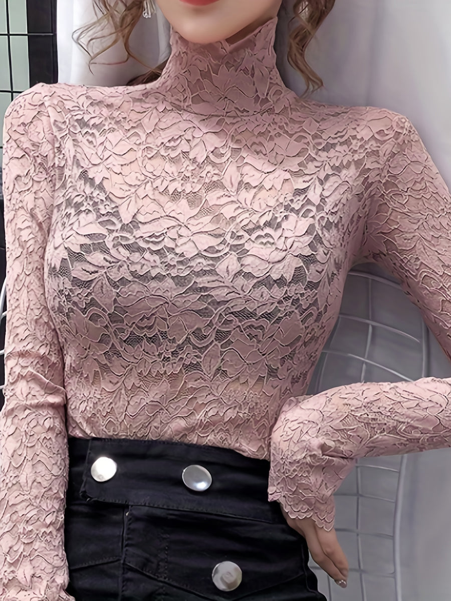 Lace Mock Neck Slim Top, Sexy Long Sleeve Top For Spring & Fall, Women's Clothing - pink color