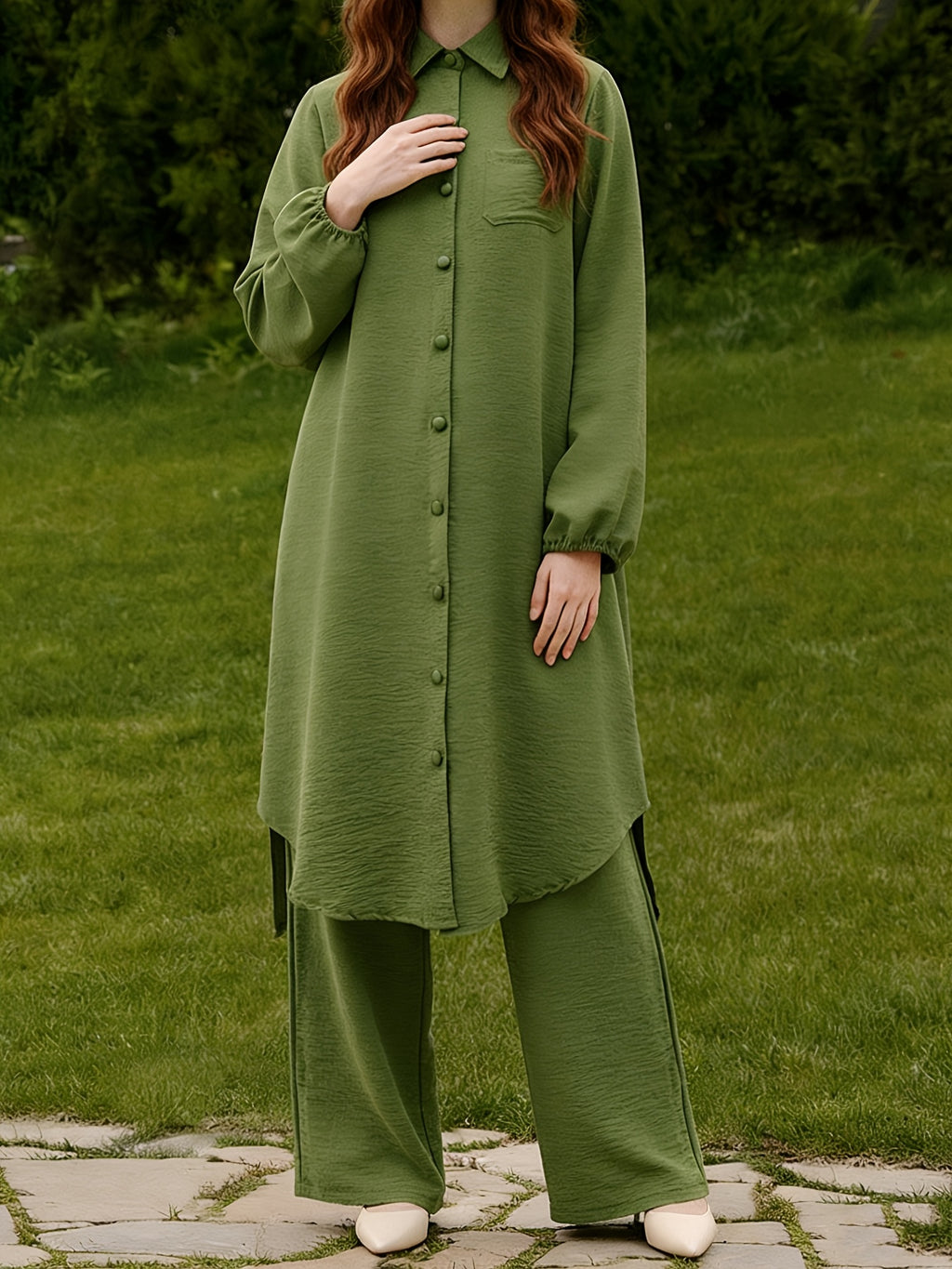 New Arabian 2pcs Abaya Set - Women'S Elegant Multi-Button Solid Color Long Sleeve Wide-Leg Trousers Without for Ramadan Spring Autumn Daily Commute - Dark Green