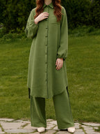 New Arabian 2pcs Abaya Set - Women'S Elegant Multi-Button Solid Color Long Sleeve Wide-Leg Trousers Without for Ramadan Spring Autumn Daily Commute - Dark Green
