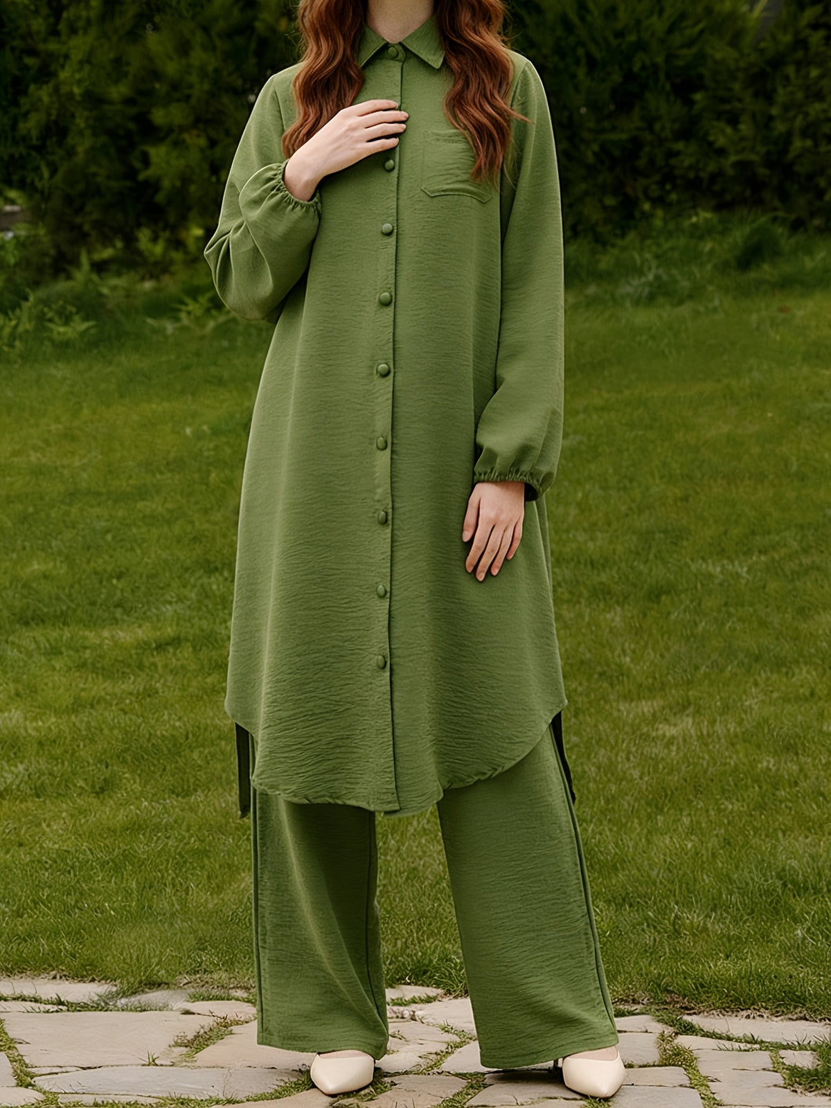 New Arabian 2pcs Abaya Set - Women'S Elegant Multi-Button Solid Color Long Sleeve Wide-Leg Trousers Without for Ramadan Spring Autumn Daily Commute - Dark Green