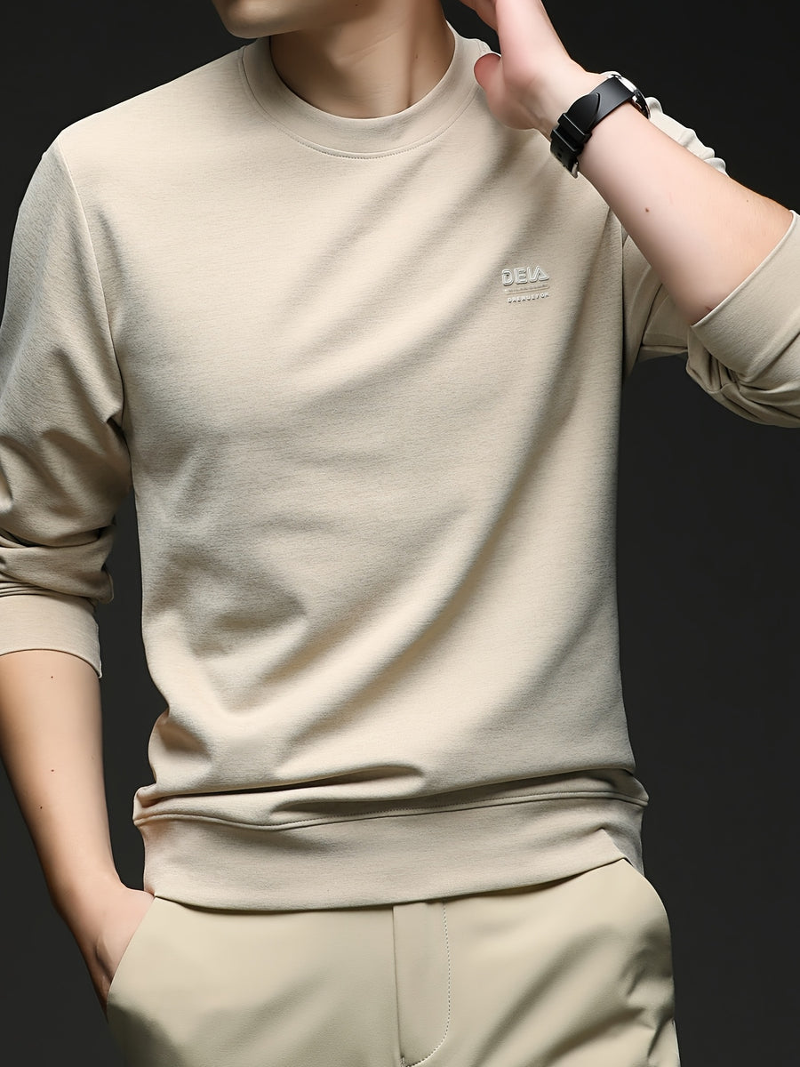 [Saa Xing OBM] 1pc Spring/Autumn New Men'S Sweatshirt, Solid Color Round Neck Long Sleeve Men'S Business Casual Fashion Breathable All-Match Pullover Base Layer Top, Suitable for Spring And Autumn, Single Wear Or Inner Layer, Fits Daily And Casual - Khaki
