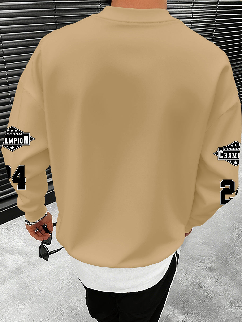 Men'S Fashion Casual "Brooklyn Victory" Letter Print Sweatshirt, Polyester Fabric, Loose Fit, Versatile Men'S Sweatshirt - Wheat-colored