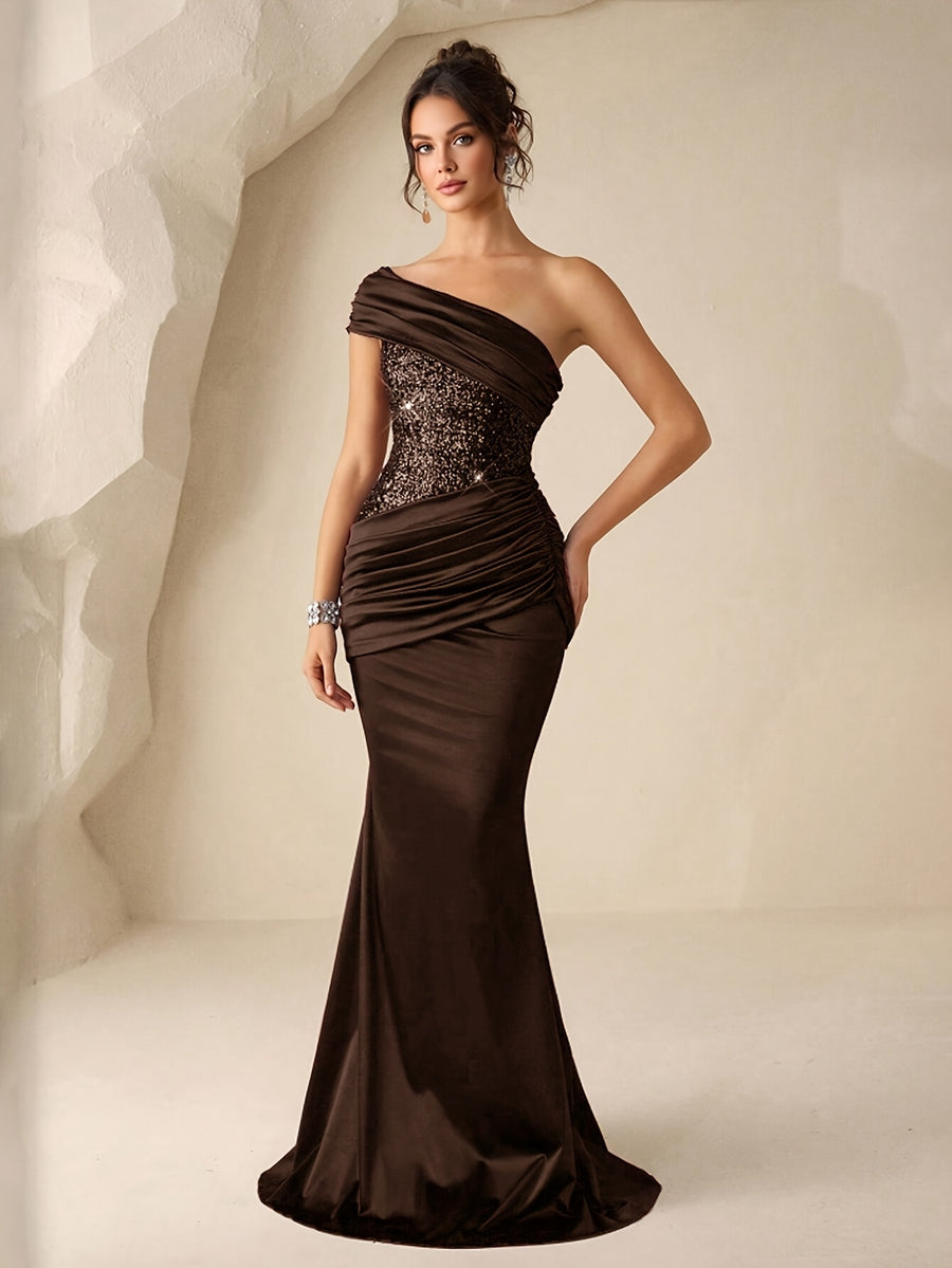 Women's Sequined Mermaid Trendy Style, Formal Evening Dress with One Shoulder, Ladies' Gorgeous and Elegant Celebration Gown, Valentine's Day Sequined Dress, for Graduation Ceremonies, Opening Ceremonies, Music Festivals, Birthday Parties - Brown