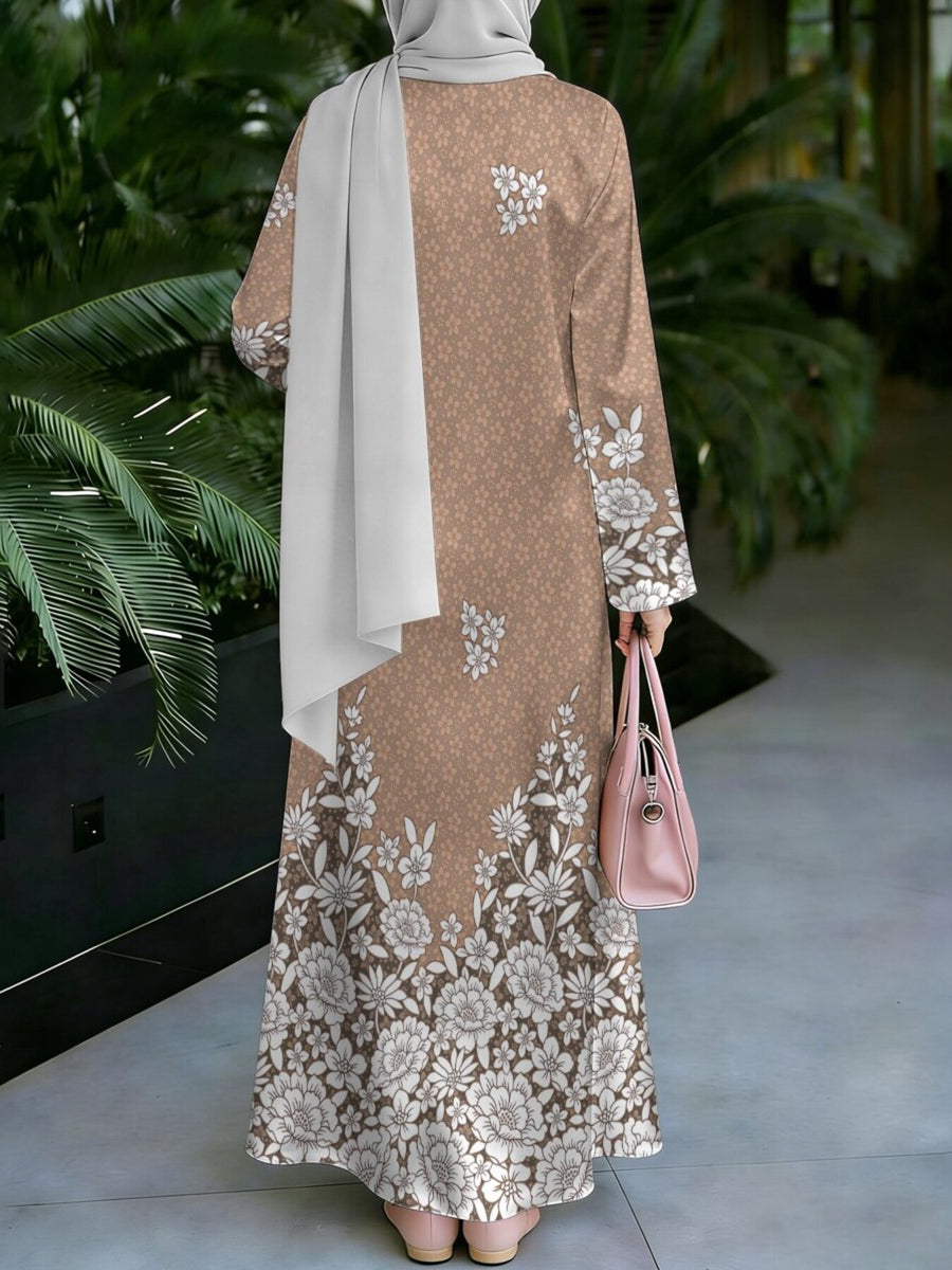 Women's Middle Eastern Style Muslim Elegant Robe, Coffee-Colored Long Robe with Large Floral Print, Loose-Fitting Long Sleeve Conservative Maxi Dress, for Daily Outings and Prayer Wear, Comfortable and Skin-Friendly Non-Embroidered Craftsmanship - Mixed colors