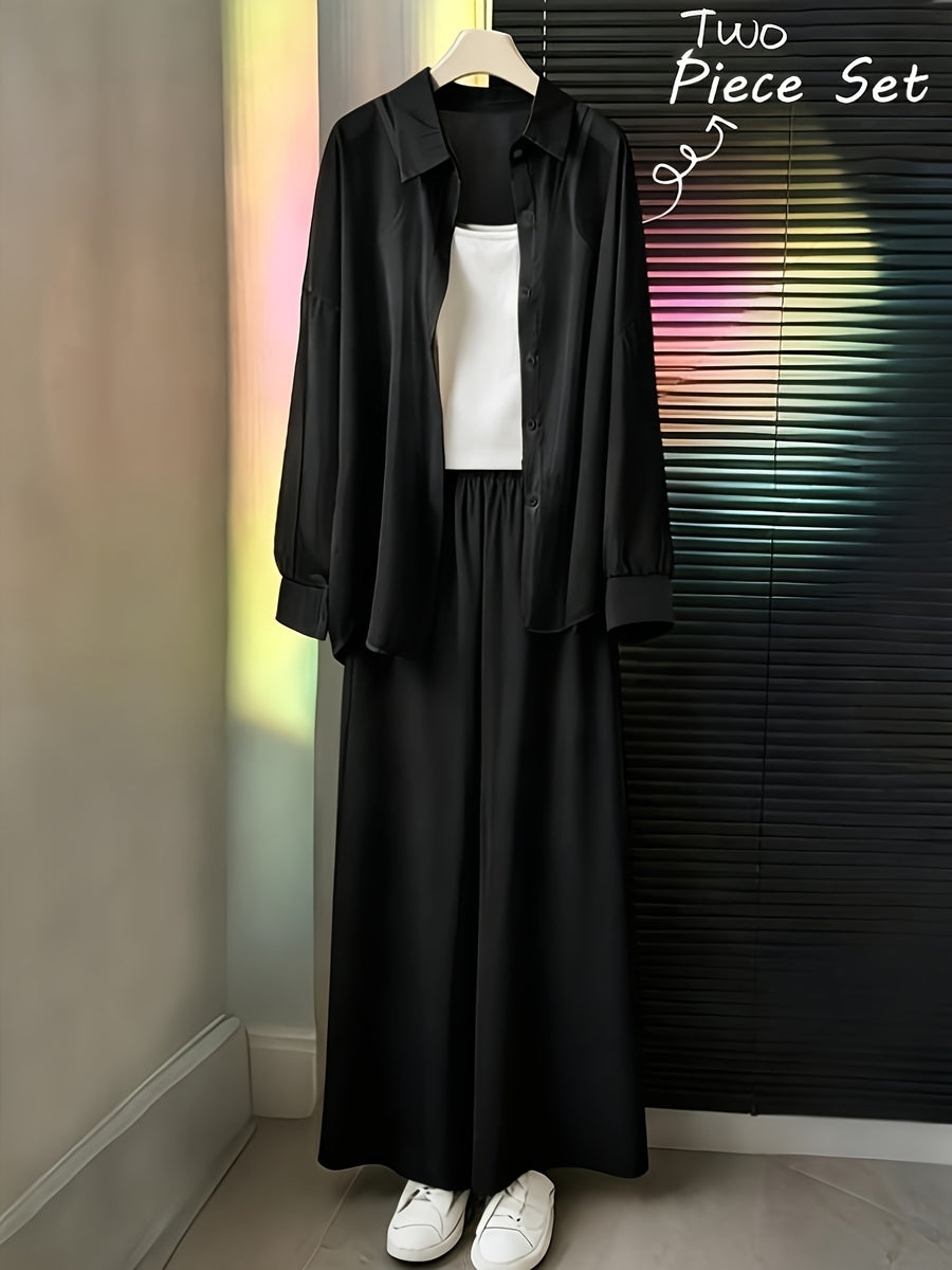 AK260514094 Women's Fashion Commuter Lapel Button- Long Sleeve Shirt and Elastic Waistband Patch Pocket Wide-Leg Long Pants 2pcs Set - Black