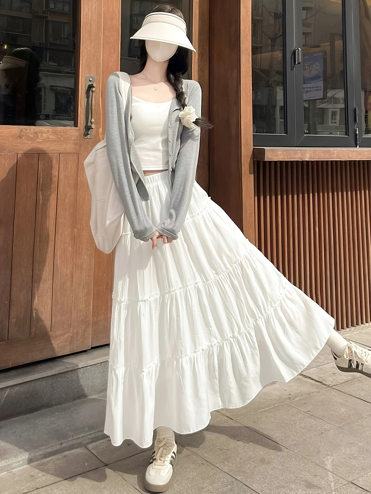 Fashionable Multi-Layer Patchwork Solid Color Elegant Long Skirt with Elastic Waist, A-Line Design, Lined to Prevent See-Through, Women's Skirt - White