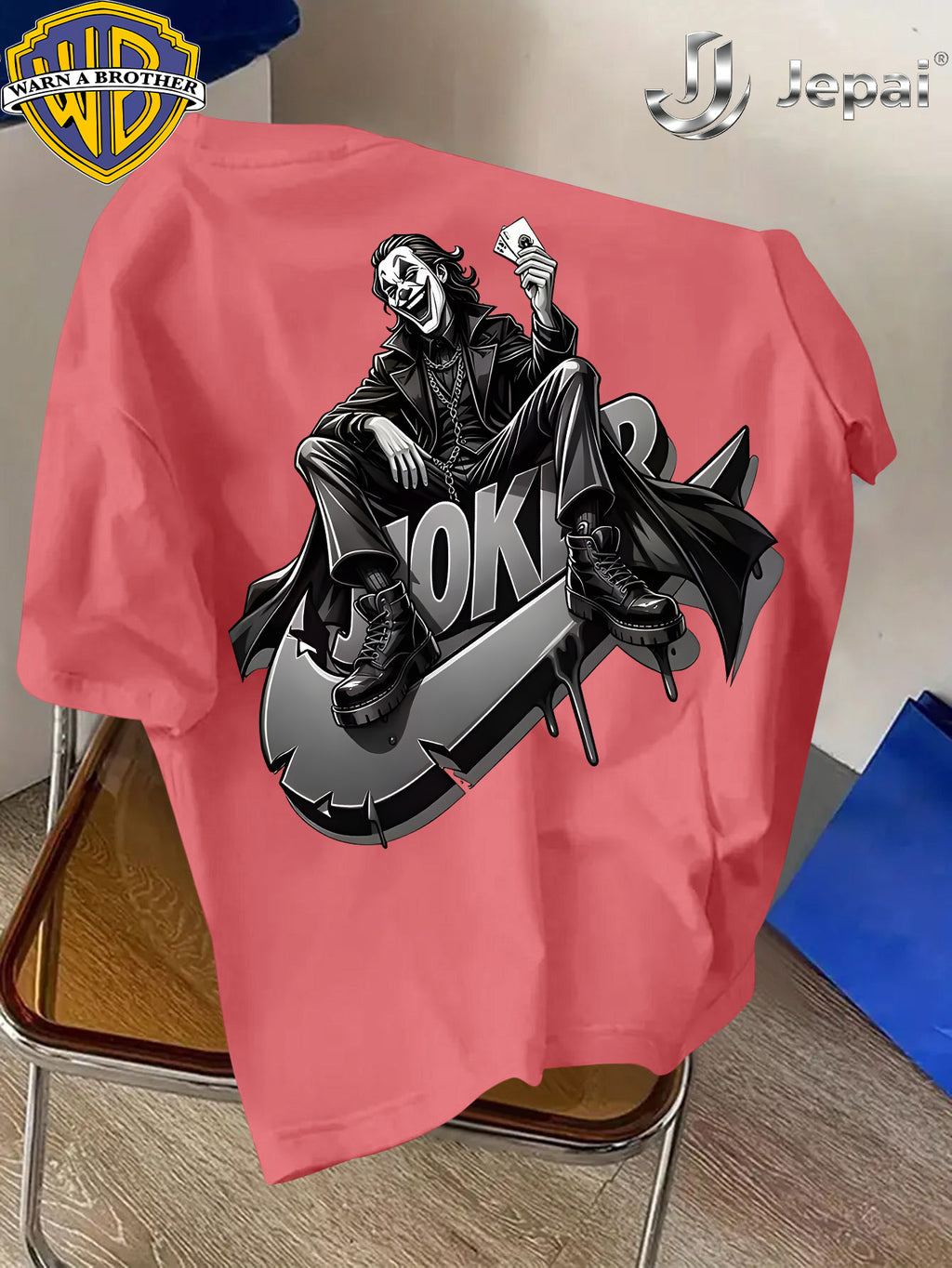 Warner Exclusive, Vintage Street Style DC Joker Themed Print Men's Summer Basic Daily Casual Short-Sleeve Top, Casual Crew Neck Shirt, Suitable for Outdoor Wear, Fitness, Office, and Daily Outfits, an Essential Item for Men's Basic Wardrobe - Watermelon Red