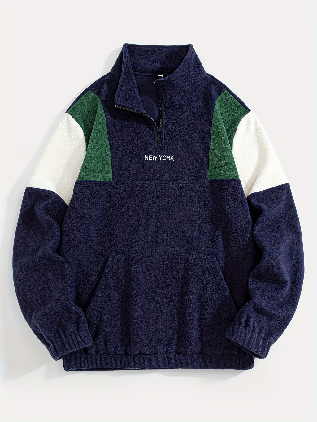 Fleece Color-Blocked Spliced Letter Embroidered Zip-Up Sweatshirt, Men'S Mid-High Collar Half-Zip Pullover Warm Outerwear, Men'S Casual Sportswear with a Trendy Street And Collegiate Style, Suitable for Daily Wear And Casual Outdoor Activities - Navy Color
