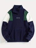 Fleece Color-Blocked Spliced Letter Embroidered Zip-Up Sweatshirt, Men'S Mid-High Collar Half-Zip Pullover Warm Outerwear, Men'S Casual Sportswear with a Trendy Street And Collegiate Style, Suitable for Daily Wear And Casual Outdoor Activities - Navy Color