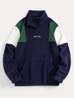 Fleece Color-Blocked Spliced Letter Embroidered Zip-Up Sweatshirt, Men'S Mid-High Collar Half-Zip Pullover Warm Outerwear, Men'S Casual Sportswear with a Trendy Street And Collegiate Style, Suitable for Daily Wear And Casual Outdoor Activities - Navy Color