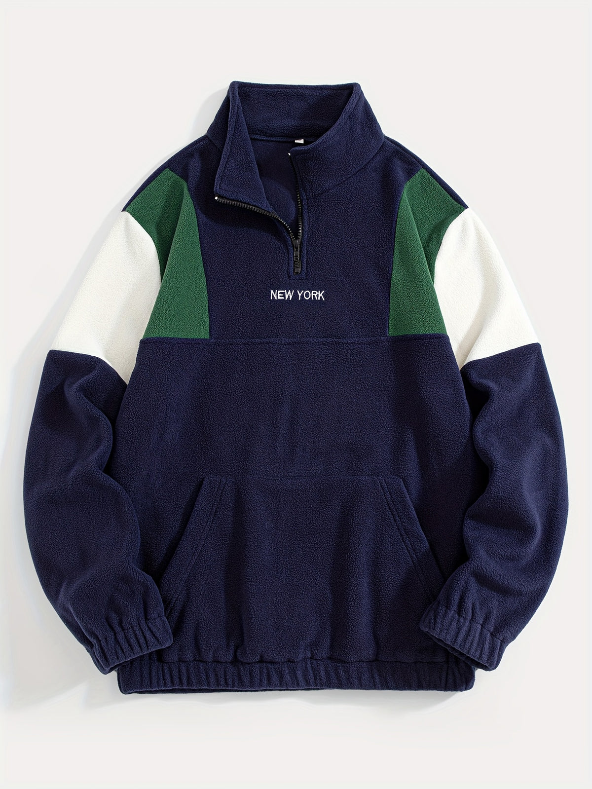 Fleece Color-Blocked Spliced Letter Embroidered Zip-Up Sweatshirt, Men'S Mid-High Collar Half-Zip Pullover Warm Outerwear, Men'S Casual Sportswear with a Trendy Street And Collegiate Style, Suitable for Daily Wear And Casual Outdoor Activities - Navy Color