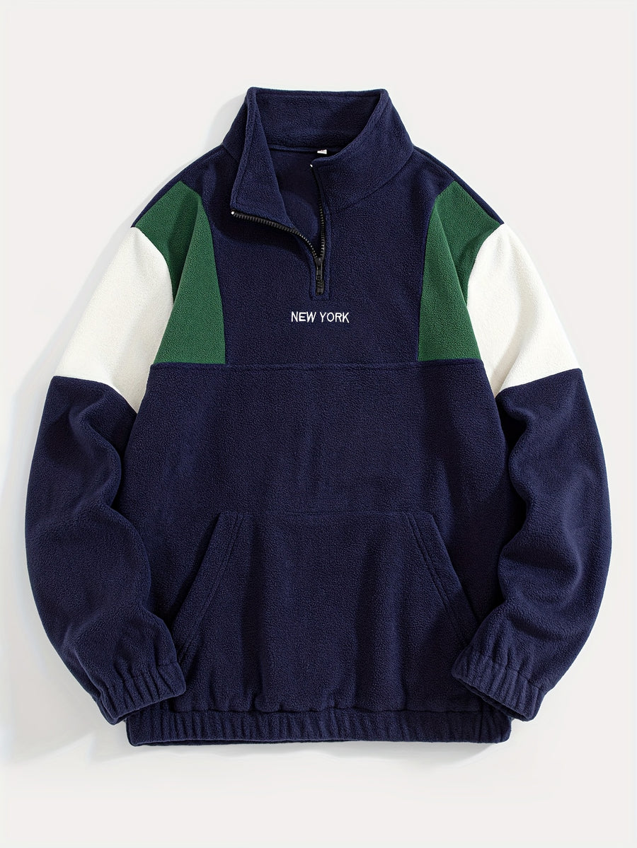 Fleece Color-Blocked Spliced Letter Embroidered Zip-Up Sweatshirt, Men'S Mid-High Collar Half-Zip Pullover Warm Outerwear, Men'S Casual Sportswear with a Trendy Street And Collegiate Style, Suitable for Daily Wear And Casual Outdoor Activities - Navy Color