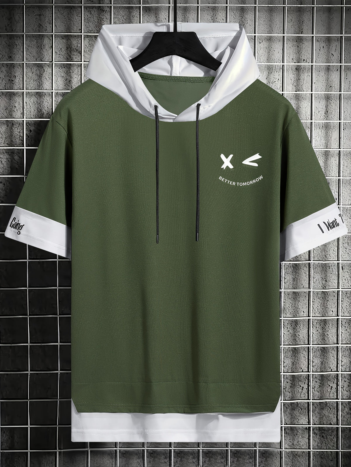 Men'S Color-Block Contrast Hooded Short Sleeve T-Shirt, English Letter Print, Short Sleeve Faux Two-Piece Streetwear, Trendy Fashion Versatile Street Casual Hong Kong Style Outfit, Casual Leisure All-Match T-Shirt, Suitable for Summer - Olive Green