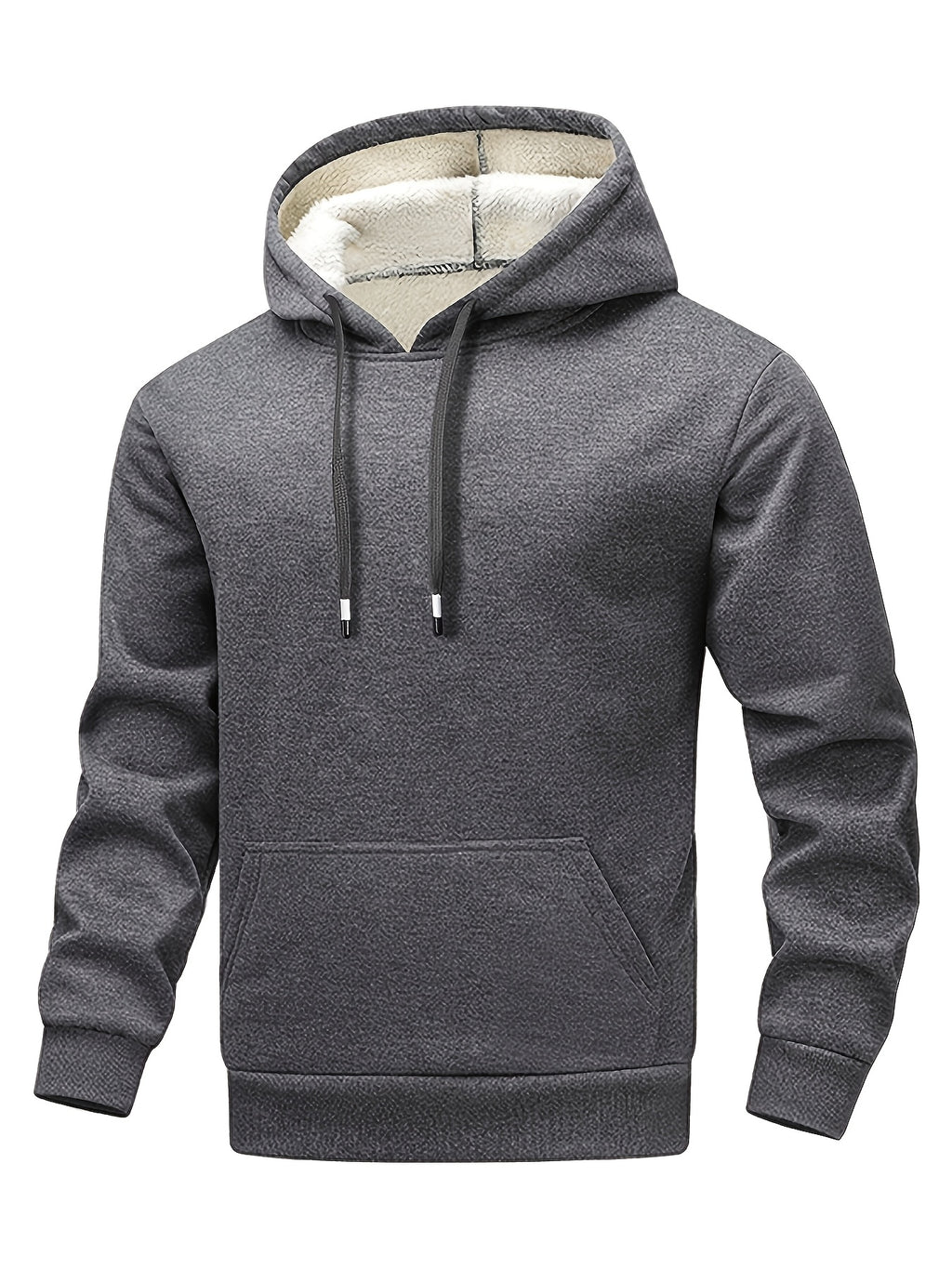 1pc Men'S Winter Thickened Lamb Fleece Hooded Sweatshirt, Black Solid Warm Pullover Top, Loose Kangaroo Pocket Long Sleeve Cold-Proof Hooded Jacket, Sports Fitness Commute Outdoor Casual Outerwear - Dark Gray