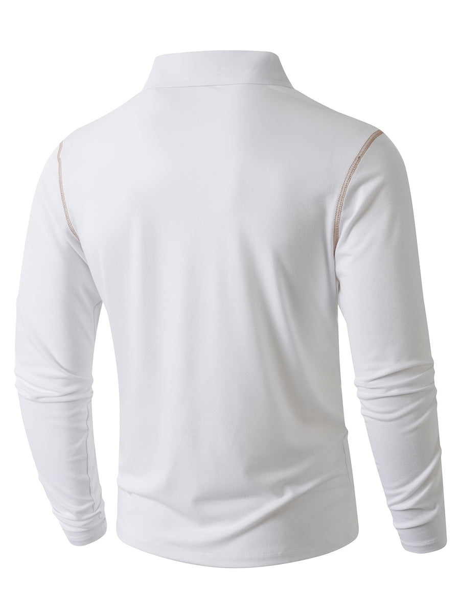 KJ-P029 Men's Long Sleeve Henley Shirt with Contrast Color Placket and Pocket Design, Stretchy, Comfortable, and Casual Polo for Daily Commuting Wear - White