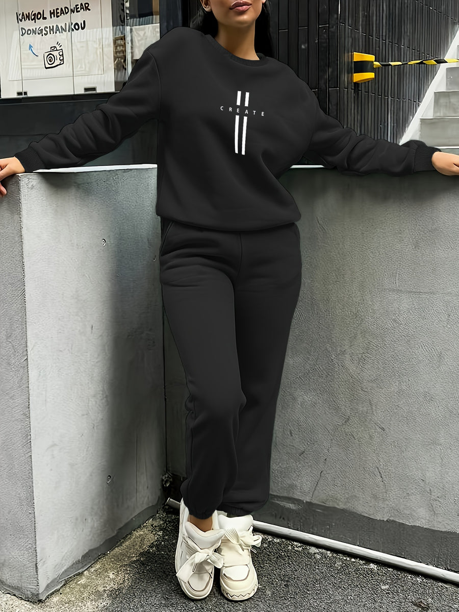 Women'S Autumn Winter Two-Piece Set, Easy Pattern Sweatshirt And Jogger Pants - Black