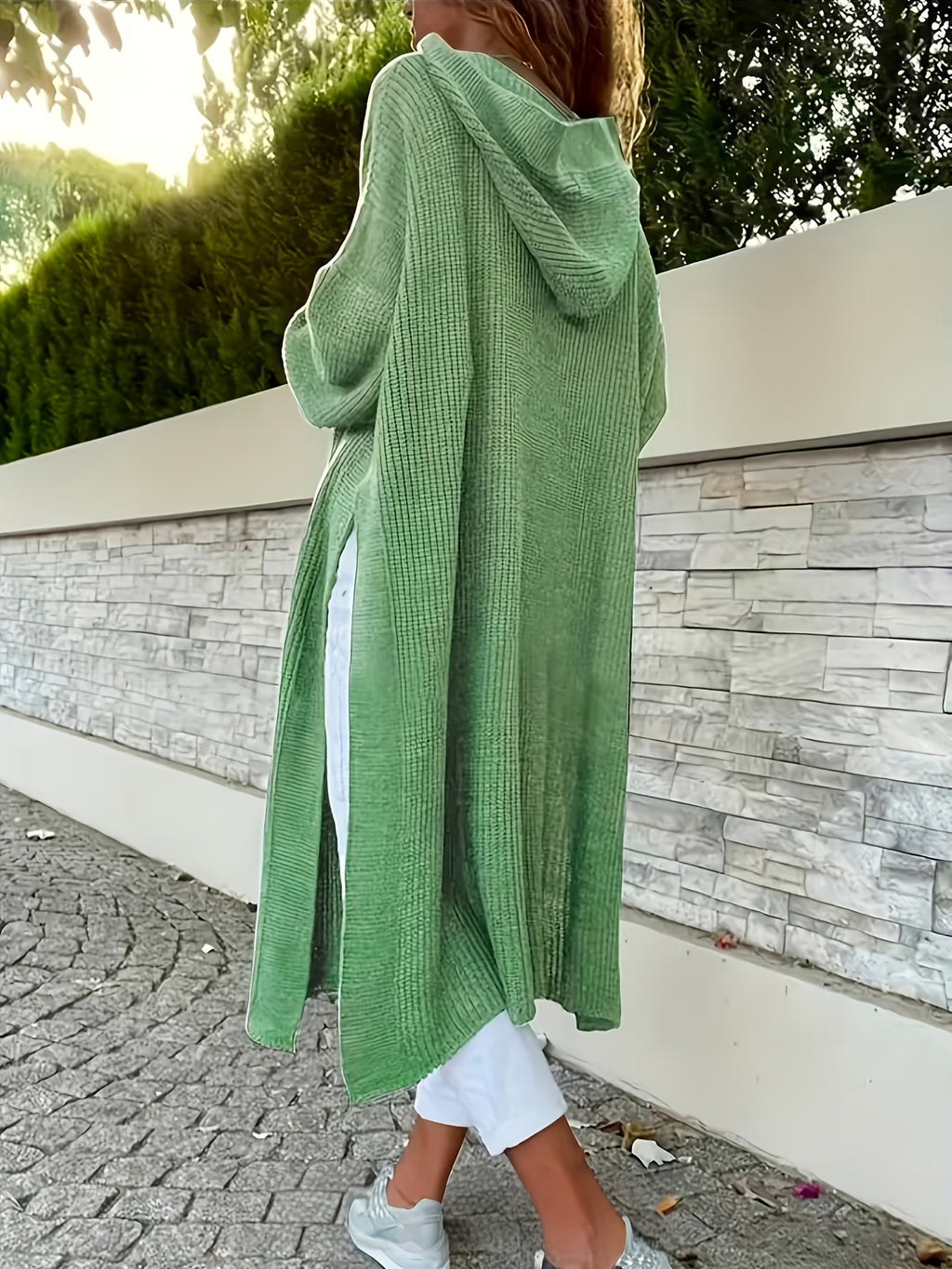 Plus Size, Targeted Development of Fashion Split Mid-length Dresses, Long-sleeved Hooded Dresses, Casual Dropped Shoulder Styles, and New Autumn-winter Long-sleeved Open-front Dresses - Yellow-green