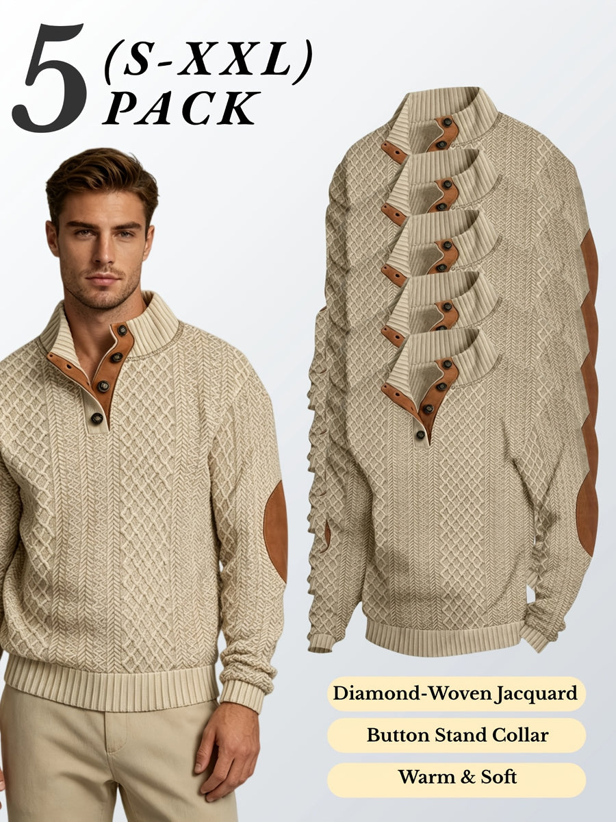 5pcs Set Men's Textured Jacquard Knit Vintage Casual Button-Up Stand Collar Long Sleeve Top, Versatile Basic Solid Color for Autumn/Winter Outings and Home Wear - Khaki 5