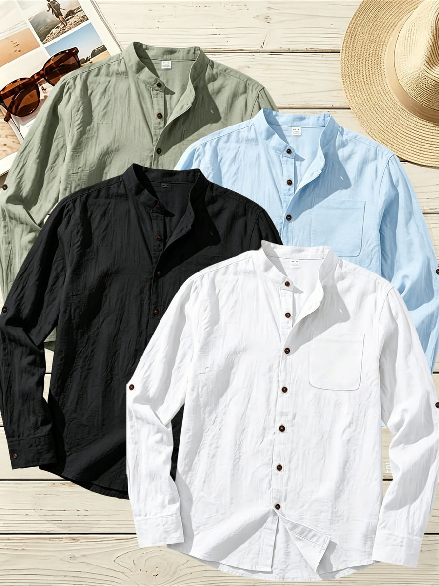 4pcs Men'S Stand Collar Linen Blend Long Sleeve Shirt, Beach Vacation Casual Commute Wear, Breathable Lightweight Relaxed Style Spring Summer Autumn Loose Straight Cut with Roll-Up Cuffs And Chest Pocket, Multi-Color Available - Green+Blue+Black+White