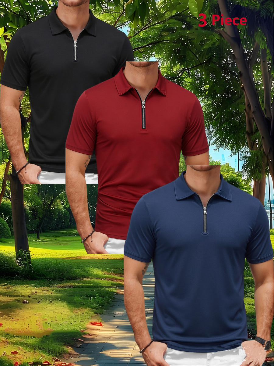 Three-pc Men's Sporty Outdoor Casual Lapel Solid Color Breathable Polo Shirts for High-End Occasions - Black+red+navy Blue