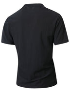 Summer Men'S Casual T-Shirt Linen Henley Collar Double-Button Men'S Short Sleeve Small V-Neck Men'S Casual Breathable Top Solid Color Breathable Commuter Casual Short Sleeve Top - Black