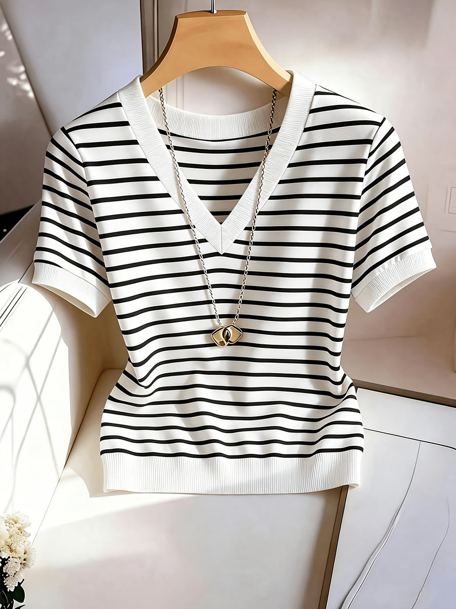 Women's Elegant V-Neck Striped T-Shirt - Soft Medium-Stretch Suitable for - Casual Blouse Striped Top, Machine Washable Non-Sheer V-Neck Shirt for Office, Layering & Casual Attire (Year-Round Wardrobe Essential) - White