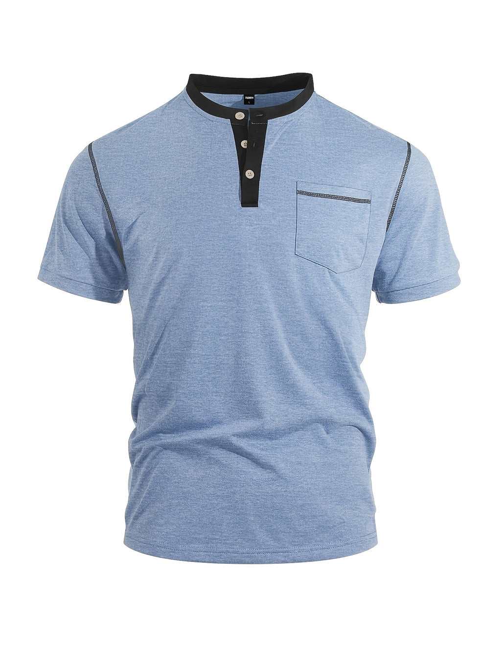 Men'S Spring Summer New Light Luxury Color-Block Henley Collar Short Sleeve T-Shirt, Half-Button 3-Button American Retro Top, High-Stretch Soft And Skin-Friendly Fabric, Breathable And Comfortable - Blue