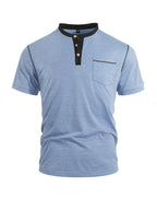 Men'S Spring Summer New Light Luxury Color-Block Henley Collar Short Sleeve T-Shirt, Half-Button 3-Button American Retro Top, High-Stretch Soft And Skin-Friendly Fabric, Breathable And Comfortable - Blue