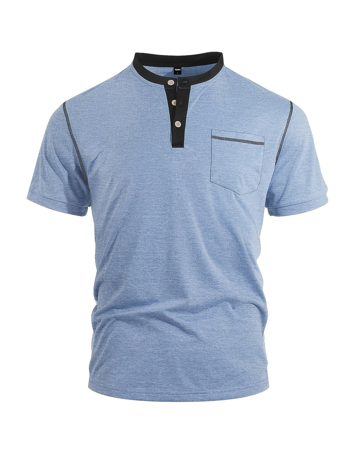Men'S Spring Summer New Light Luxury Color-Block Henley Collar Short Sleeve T-Shirt, Half-Button 3-Button American Retro Top, High-Stretch Soft And Skin-Friendly Fabric, Breathable And Comfortable - Blue