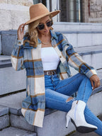 Spring/Autumn Women'S Casual Long Sleeve Plaid Fleece Winter Warm Shirt-Style Coat Long Length Jacket Overcoat - Blue