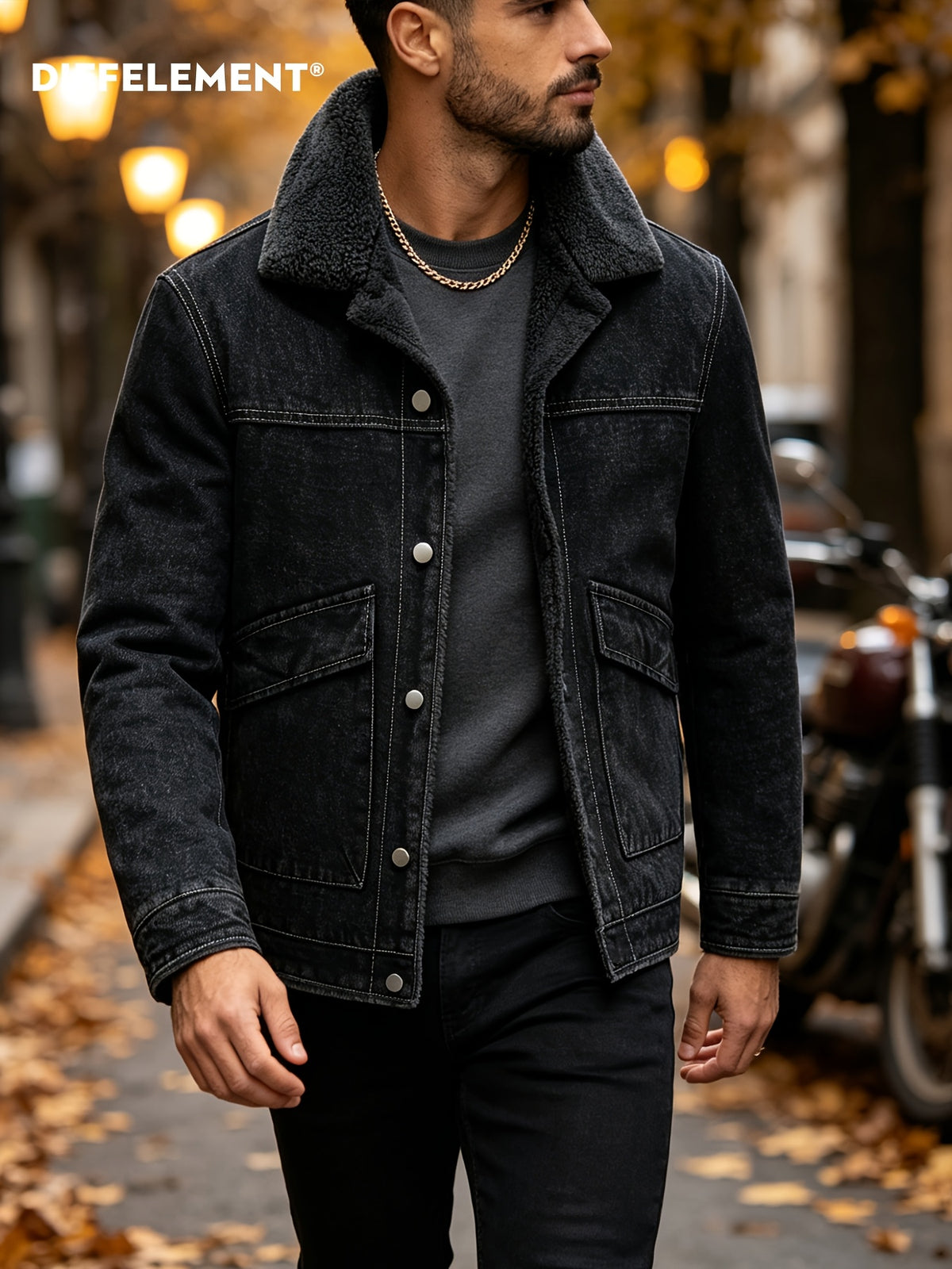 Men's Lapel Fleece-Lined Denim Jacket, Thickened for Locking in Heat, Windproof, Warm, and Cold-Resistant. Washed Denim Fabric with Composite Lining, Contrast Color Topstitching, Workwear Straight-Leg Fit. Autumn/Winter Streetwear Commuting Vintage - Deep Grey