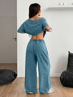 Trendy Red Cherry Letter Print New Spring/Summer Casual Jersey Sportswear, Street Sport Style Washed Off-Shoulder T-Shirt and Long Pants 2pcs Set, Washed Outfit, American Street Academic Style - Navy Color