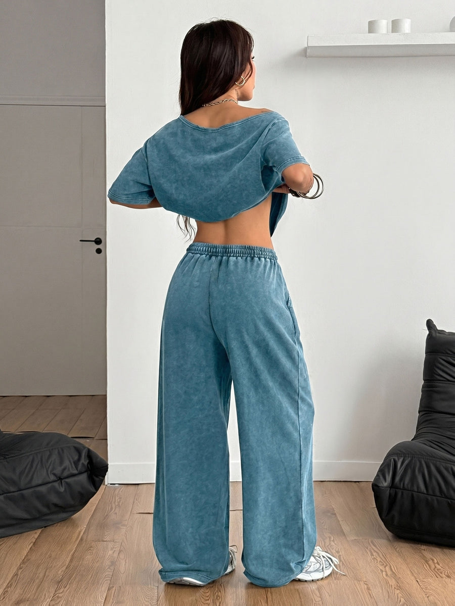 Trendy Red Cherry Letter Print New Spring/Summer Casual Jersey Sportswear, Street Sport Style Washed Off-Shoulder T-Shirt and Long Pants 2pcs Set, Washed Outfit, American Street Academic Style - Navy Color