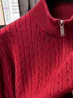 Half-zip Cable-knit Sweater, Fully Constructed with Herringbone Cable Stitching for a Strong Three-dimensional Texture. Compared to a Stockinette Sweater, It Has a More Vintage Feel. The Slightly Relaxed Fit Offers Good Forgiveness for Body Shapes - Burgundy