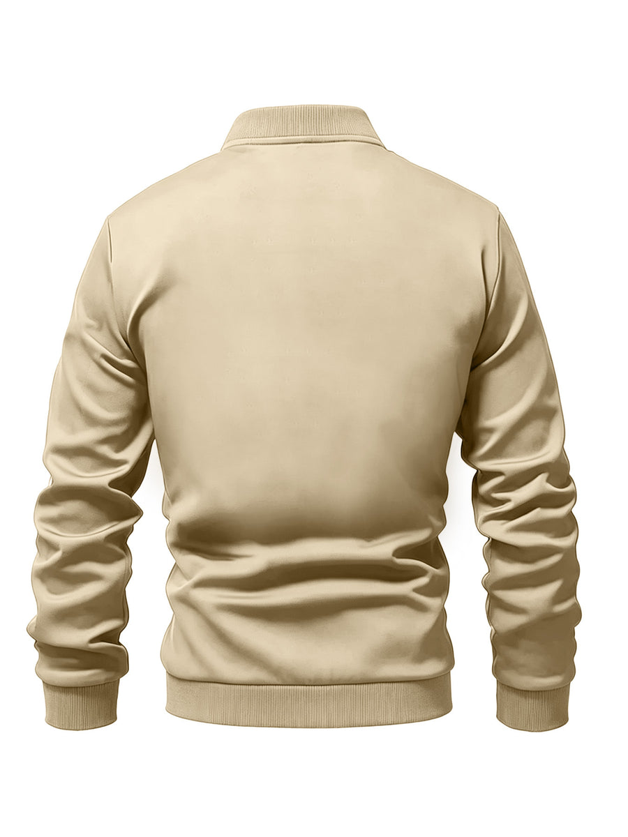 Slim-fit Versatile Men's Jacket, Featuring a Simple Handwritten Pattern, Men's Zip-up Jacket, Comfortable Casual Style, Suitable for Outdoor Activities - Khaki