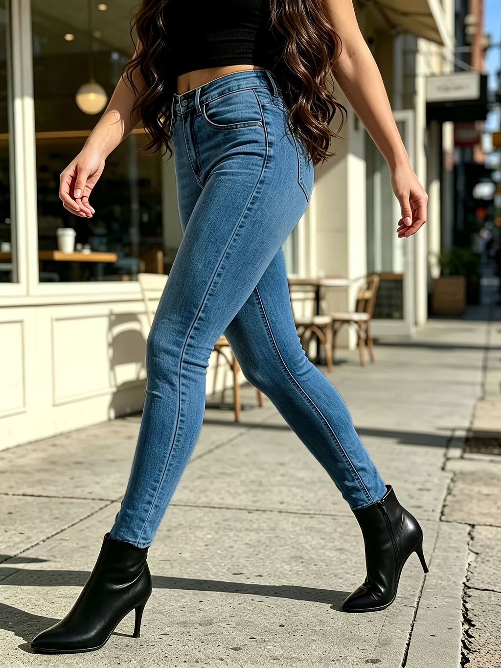 American-style High-Waist Stretchy Skinny Jeans for Women, Light Blue Washed, -Lifting, Slim-Fit, Tapered Legs, Waist-Cinching,, Leg-Lengthening, Hot Style, Versatile, All-Season Long Pants - Medium Blue