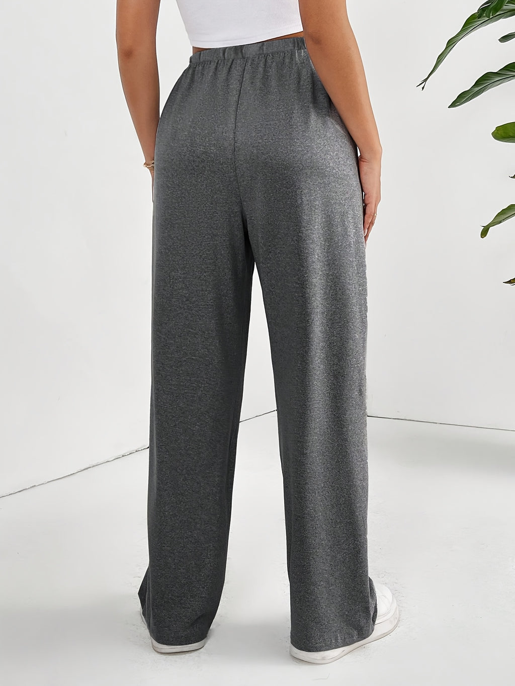 Elegant - 2pcs Women's Wide-Leg Casual Pants, Summer Lightweight Style, Letter Print - Black+Dark Grey