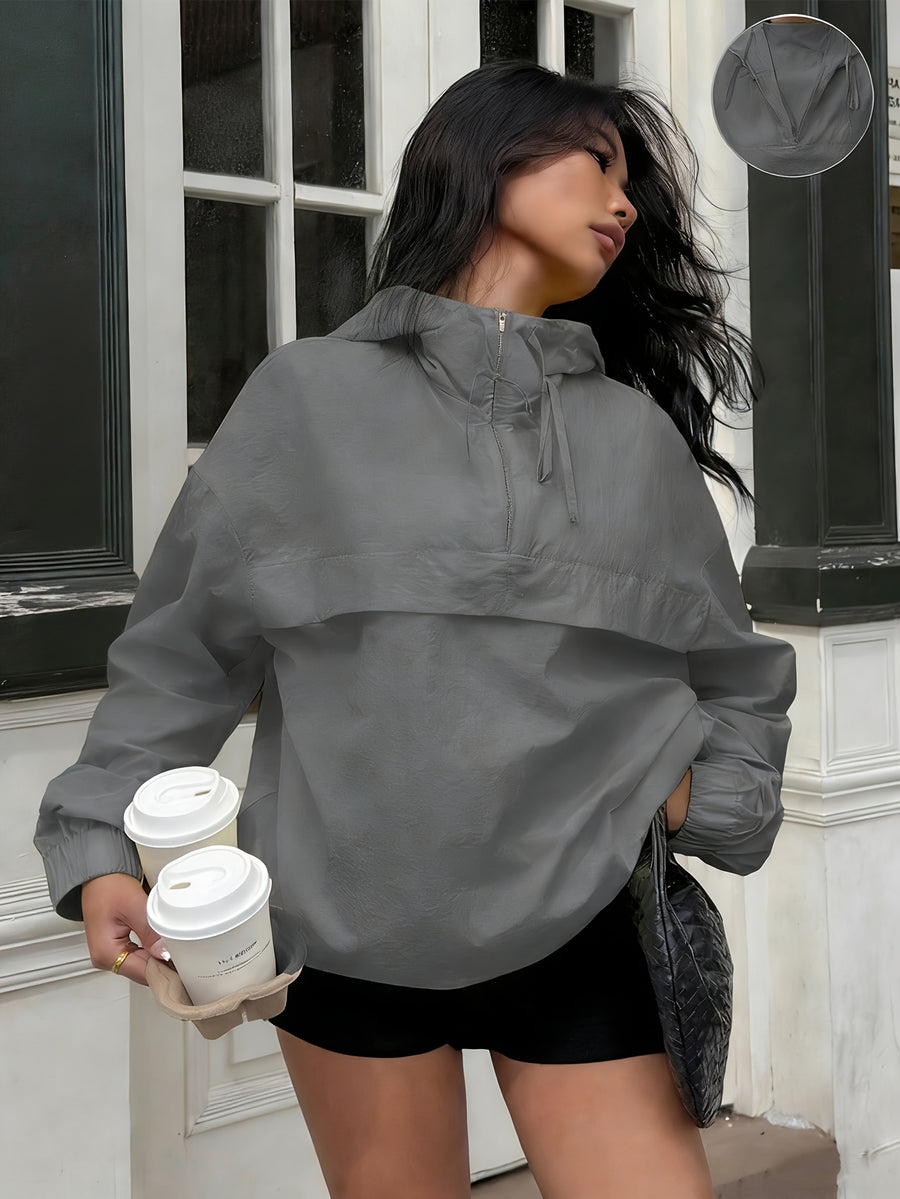 Casual Hooded Lightweight Jacket Top Women'S Easy Half-Zip Loose Pullover Outerwear Daily Commute Lazy Style Long Sleeve Top Versatile Drop Shoulder Outerwear Trendy Street Style Basic Style Long Sleeve Jacket [NS702] - Dark Gray